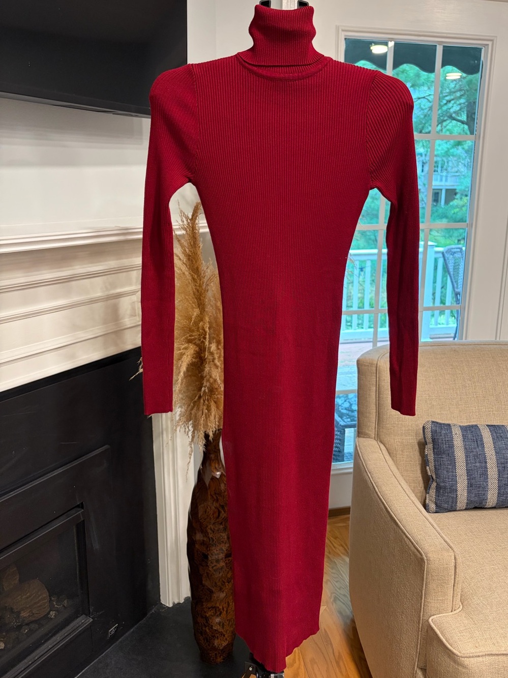 Deep Red Ribbed Turtleneck Midi Dress